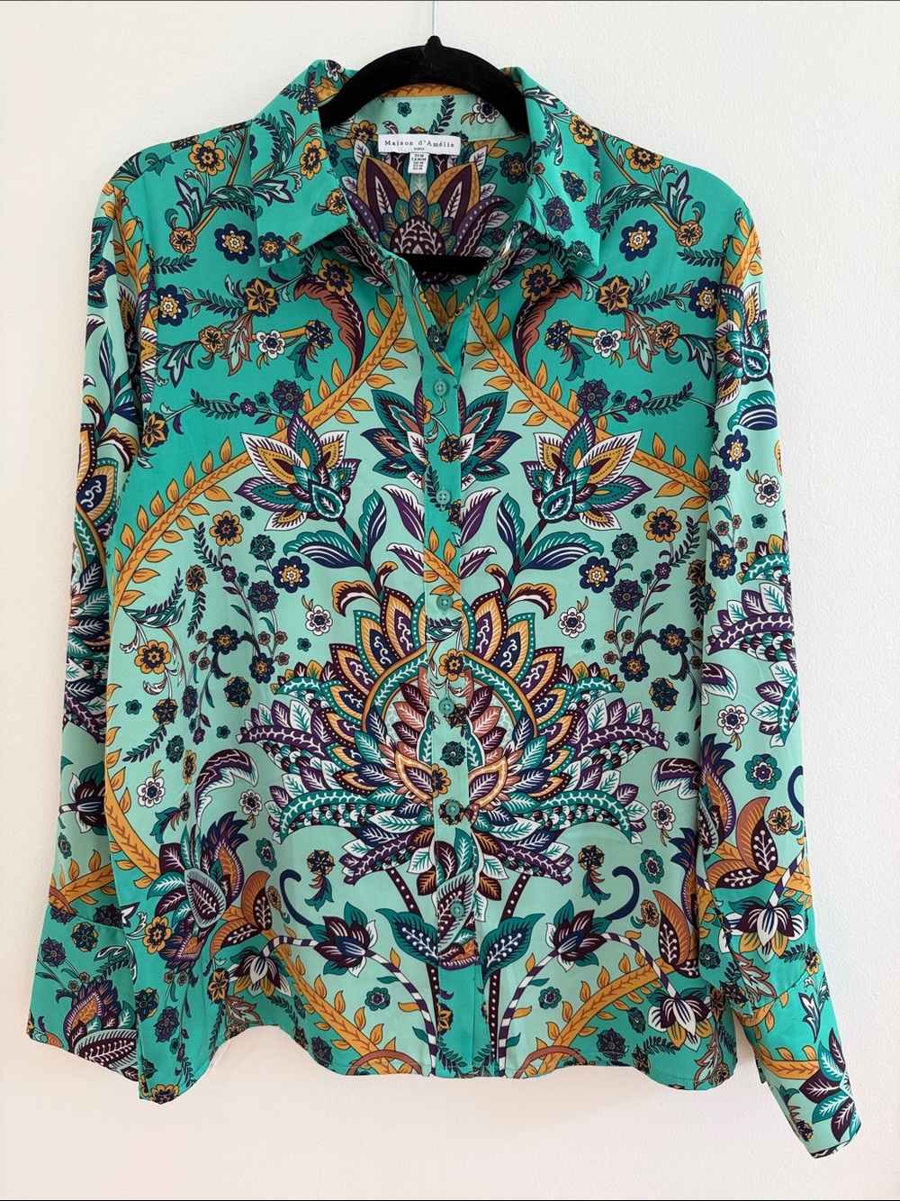 Maison d’Amelie Paris Teal Paisley-Print Button-Down Shirt Medium